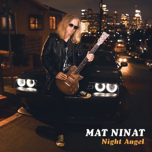 Night Angel album cover featuring Mat Ninat in front of a Dodge Challenger with a city skyline backdrop.