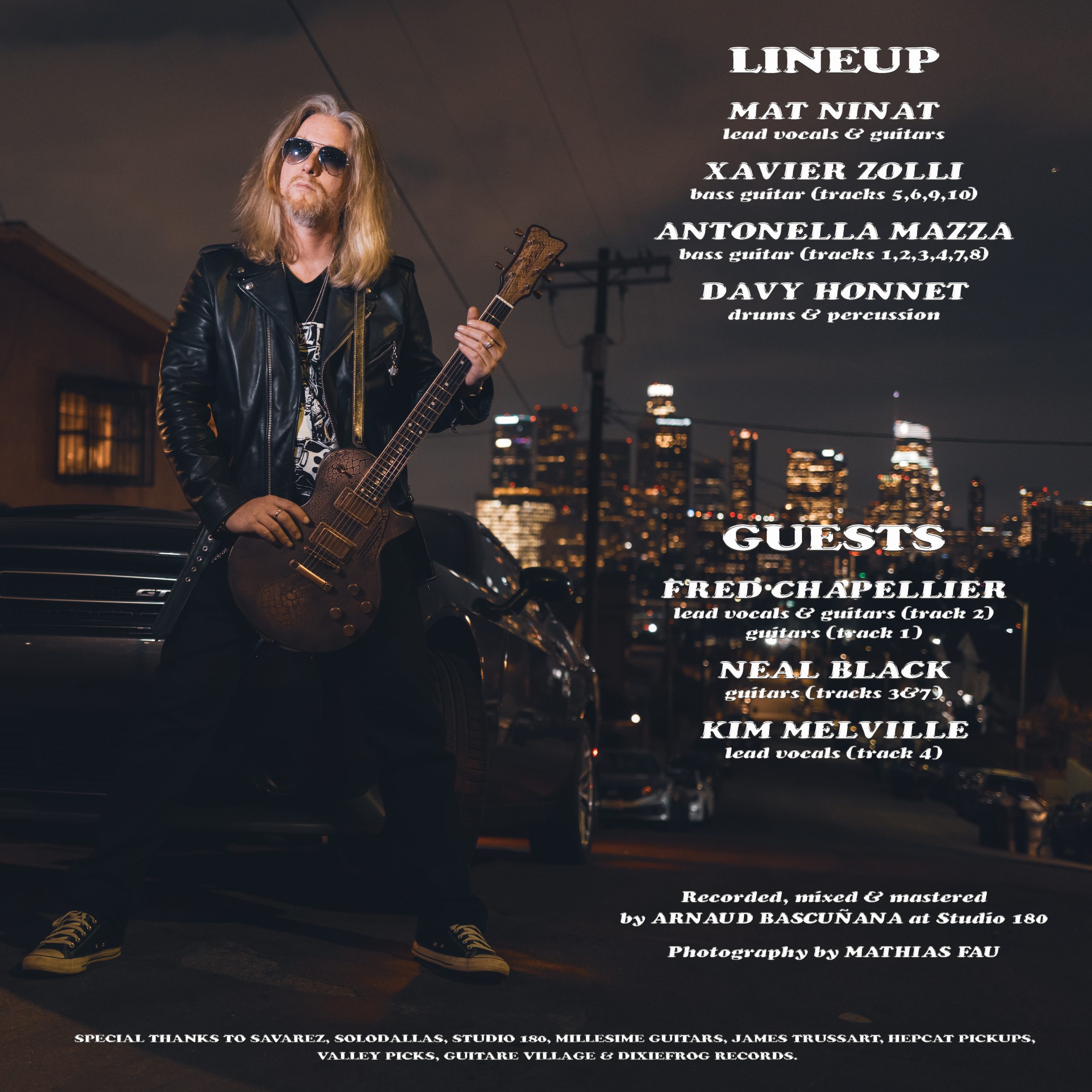Mat Ninat ‘Night Angel’ vinyl album rear inner sleeve with lineup and guest musicians credits, featuring a powerful image of Mat Ninat in front of a cityscape.